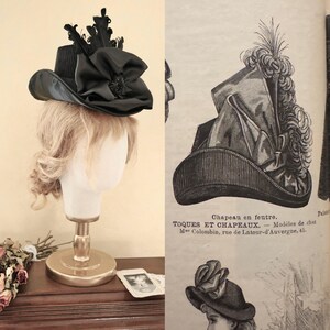 May include: A black felt hat with a large black satin bow and feathers. The hat is on a mannequin head with blonde hair. The hat is a vintage style and is likely from the early 1900s.