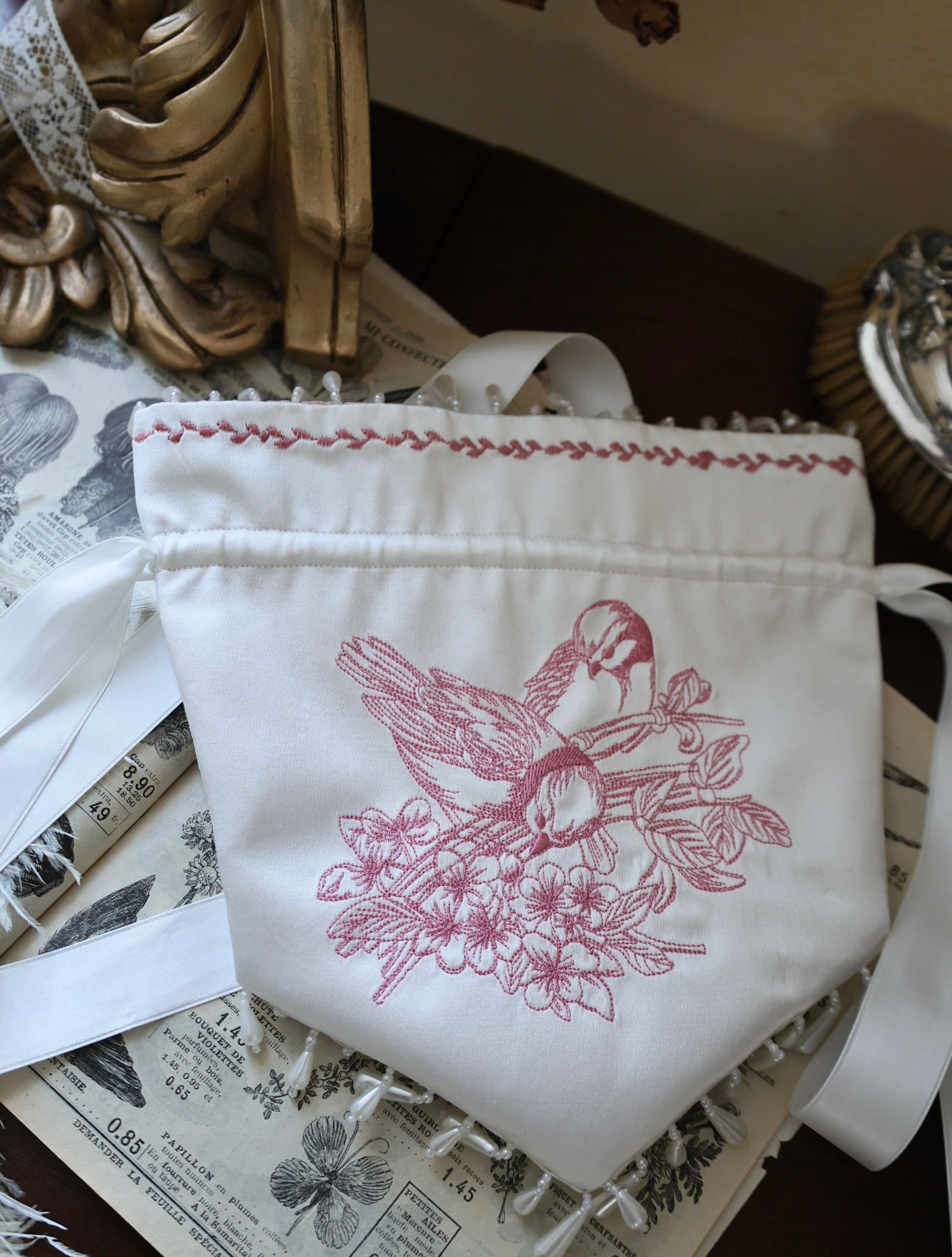 Bag Reticule Ivory Silk and Birds Embroidery Handmade in France for ...