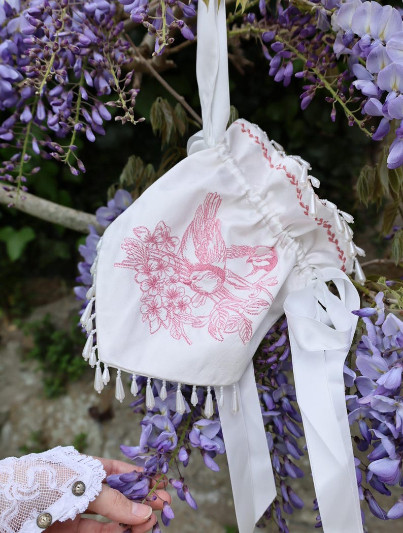 Bag Reticule Ivory Silk and Birds Embroidery Handmade in France for ...