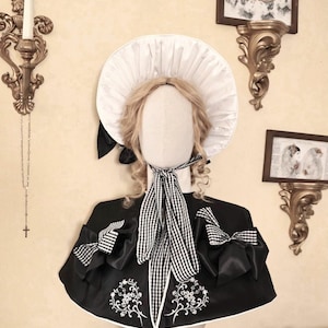 Poke Bonnet Hat Romantic Era Post Regency Black Satin Vichy