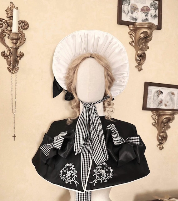 Poke Bonnet Hat Romantic Era Post Regency Black Satin Vichy