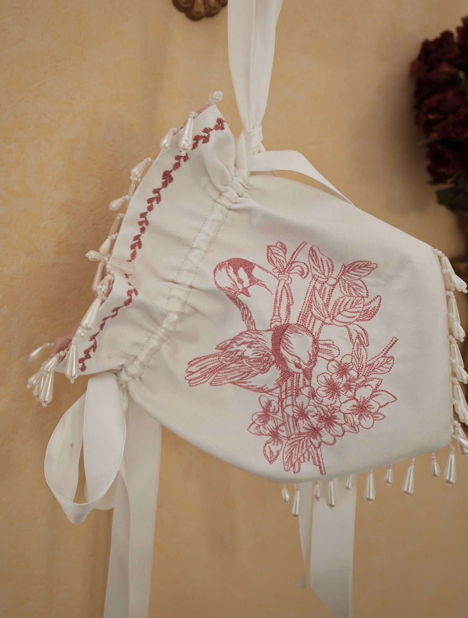 Bag Reticule Ivory Silk and Birds Embroidery Handmade in France for ...