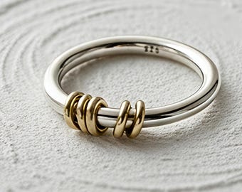 Two Tone Silver Gold Spinner Ring – Modern Stacking Band with Movable Beads