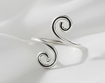 Anillo abierto de doble espiral en plata de ley: estilo bohemio minimalista