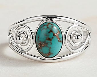 Anillo ovalado de turquesa y cobre azul: joyería bohemia de plata de ley
