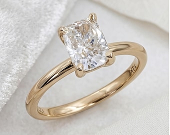 Radiant Cut Moissanite Solitaire Engagement Ring, Hidden Halo Gold Bridal Promise Ring