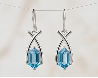 Pendientes colgantes de topacio azul talla esmeralda, joyería colgante de plata de ley, piedra de nacimiento de diciembre