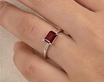 Emerald Cut Garnet Solitaire Ring, January Birthstone, Sterling Silver Minimalist Promise Ring