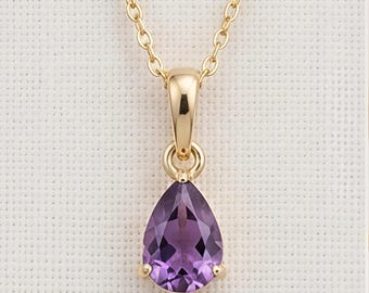 Collar con colgante de amatista en forma de pera, color oro, gema púrpura en forma de lágrima, joyería de la piedra natal de febrero.