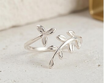 Sterling Silver Leaf Vine Ring, Adjustable Botanical Nature Jewelry