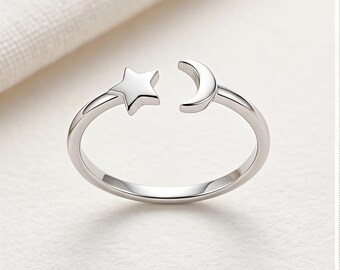 Bague ouverte étoile de lune en argent sterling, bijoux cosmiques minimalistes célestes