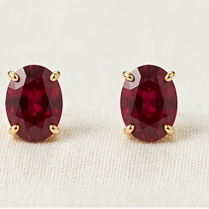 Ruby Red Cushion Cut Gemstone Stud Earrings, Gold Tone Bridal Jewelry