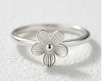 Sterling Silver Five-Petal Flower Ring, Minimalist Botanical Jewelry, Stackable Nature Design