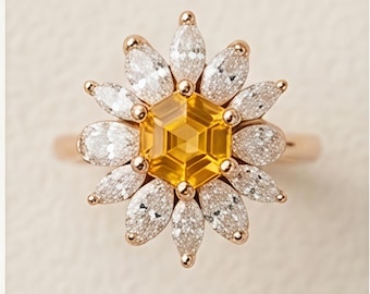 Anillo hexagonal de citrino amarillo, halo de girasol con pétalos de diamantes talla marquesa, anillo llamativo de oro vintage.