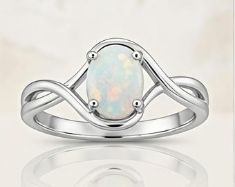 Anillo ovalado de ópalo, banda retorcida de plata de ley, piedra natal de octubre, anillo de promesa de compromiso.