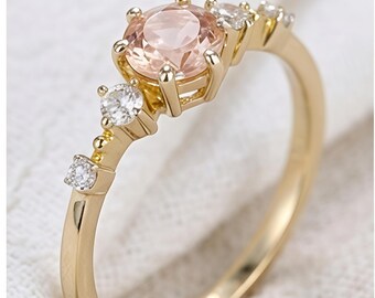 925 Sterling Silver Peach Morganite Ring, Yellow Gold Plated, Round CZ, Minimalist Wedding Gift