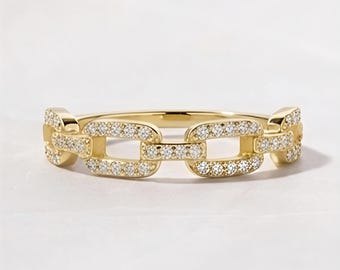 Gold Pave CZ Sterling Silver Chain Link Ring, Minimalist Stacking Band