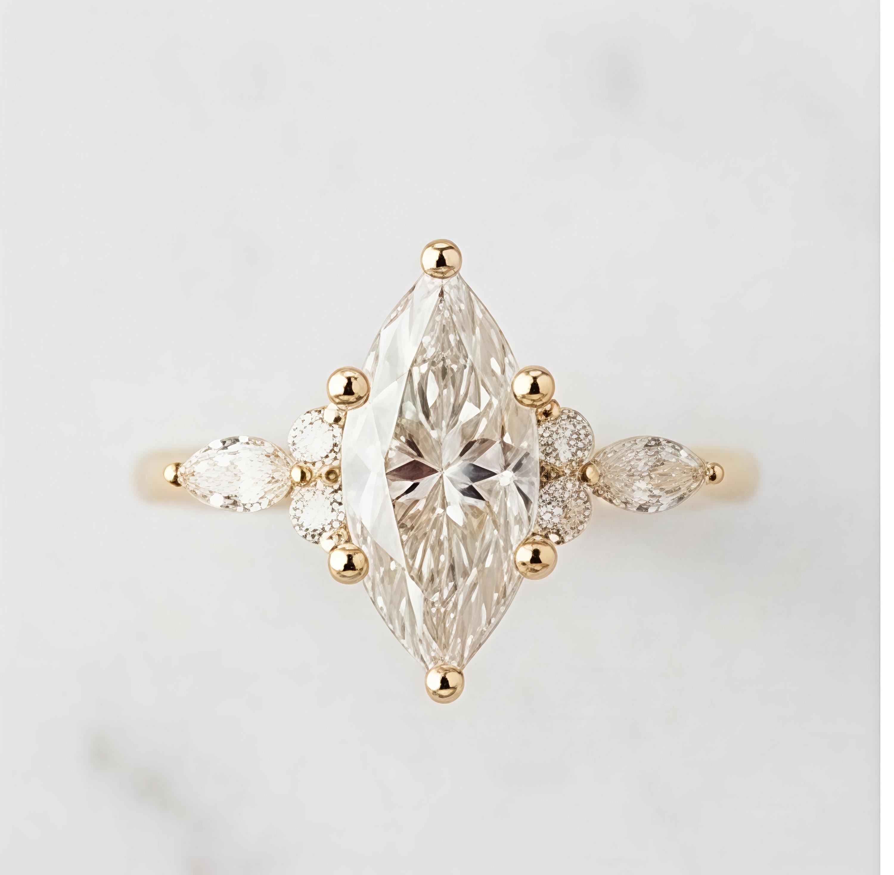Vintage Marquise Cut Moissanite Engagement Ring, 14K Gold Art Deco ...