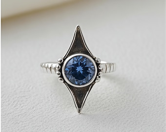 Anillo Cometa de Zafiro Azul – Anillo de Compromiso Art Déco Vintage de Plata Celestial