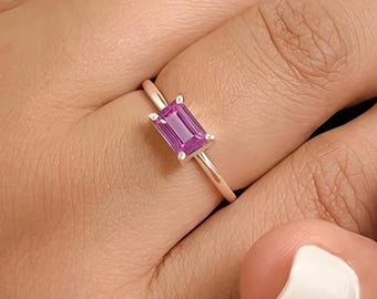 Anillo de amatista talla esmeralda, solitario de plata de ley, piedra de nacimiento de febrero, anillo de promesa minimalista