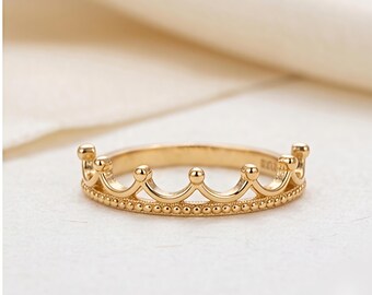 Gouden kroonring, stapelband tiara met sterlingzilveren kralen, delicate koninginsieraden