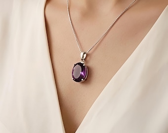 Collar con colgante ovalado de amatista, plata de ley, piedra de nacimiento de febrero, estilo minimalista.