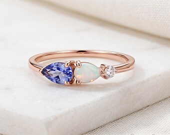 Sterling Silver Pear Tanzanite Opal Ring, Rose Gold Engagement, December Birthstone Gift