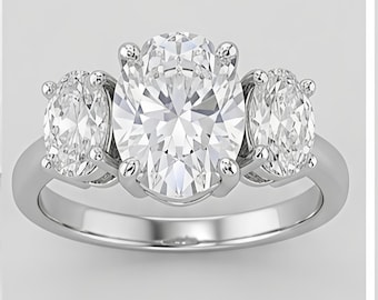 Anillo de compromiso de tres piedras con moissanita de talla ovalada y anillo de promesa nupcial de oro blanco con trilogía.