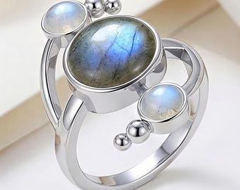 Anillo de plata esterlina con labradorita ovalada, estilo bohemio con cuentas