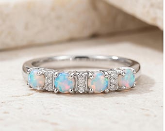 925 Sterling Silver Five Stone Fire Opal Wedding Band, October Birthstone Ring