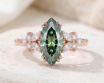 Grüner Marquise Verlobungsring, Rosegold Floral Vintage Moissanit Brautring