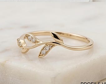 Bague feuille de vigne en or rose, accent de pavé de pierres, bague botanique empilable