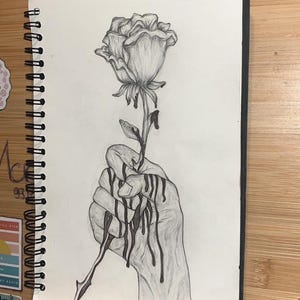 Könnte beinhalten: Eine Schwarzweißzeichnung mit Bleistift einer Hand, die eine Rose mit tropfendem schwarzem Tinten hält. Das Datum 21.01.25 ist unten rechts geschrieben.