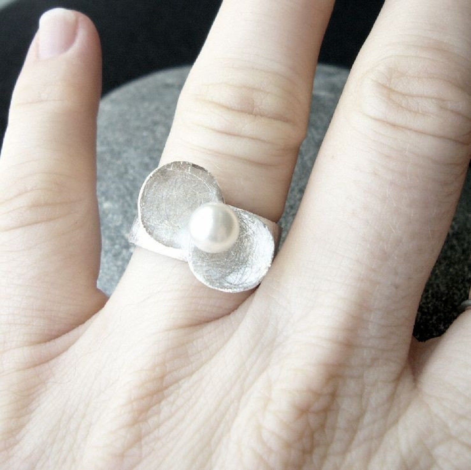 Floating Pearl Ring Made in Sterling Silver and White Etsy
