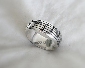 set of 2 rings sterling personal desing,  silver pentagram ring, musical notes, music, man, woman, engagement, wedding band, wedding