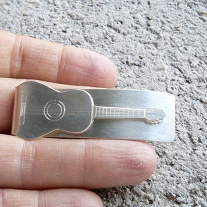 Personalized Guitar sterling silver money clip, white, dad, Valentine. Valentines, Love, father, metal, textured, engraved image 1