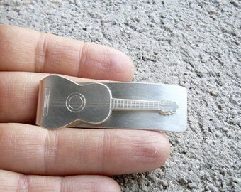 Personalized Guitar sterling silver money clip, white, dad, Valentine. Valentines, Love, father, metal, textured, engraved