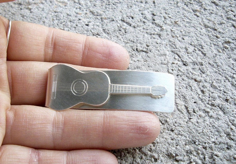 Personalized Guitar sterling silver money clip, white, dad, Valentine. Valentines, Love, father, metal, textured, engraved image 1