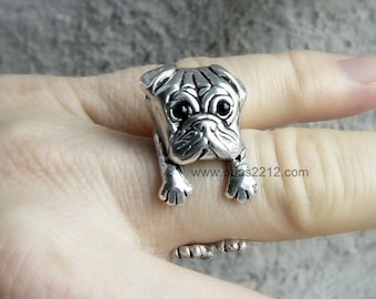 PUG sterling silver dog ring, sweet, dog Ring Women's,adjustable , dogs, Ring Jewelry, Wrap Ring Size, heavy big, gift idea
