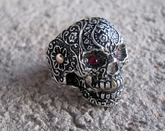 Flower skull sterling silver ring with details, gothic, calaca, mens ring, big ring,sugar skull, anillo calavera de plata