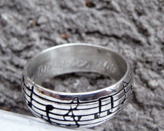 sterling  silver pentagram ring, musical notes, music, man, woman, engagement, wedding band, wedding