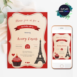 Paris Birthday Invitation Template: Eiffel Tower, Madeline Party (Digital Download, 5x7 in