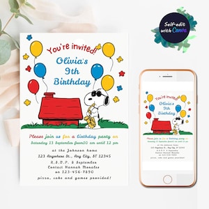 Bearbeitbare Snoopy Geburtstagseinladung Snoopy Einladung Geburtstagsparty Druckbare Kinder Geburtstagskarte Digitaler Sofortdownload Mädchen & Jungen einladen