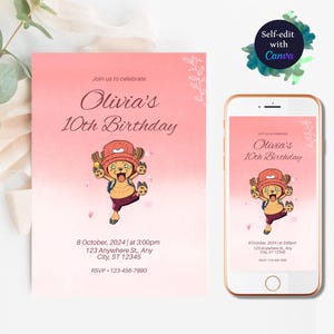 One Piece Invitation Birthday Chopper Birthday Invitation Mugiwara Birthday Party Kids Birthday invite cute  invitation Template Editable