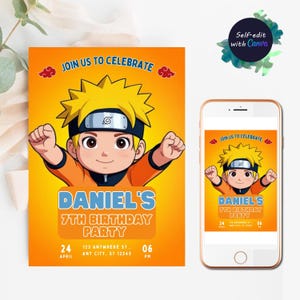 Carte d'anniversaire imprimable Naruto carte d'anniversaire Naruto Akatsuki Boruto Cartoon Anime Invitation toile Naruto anniversaire numérique