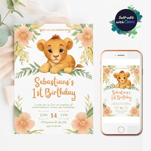 Editable Lion King Birthday Invitation Simba Birthday Party Invitations Digital Kids Party Invite safari animals evite instant download