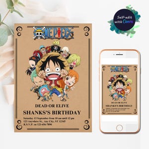 Invito di compleanno di One Piece Invito di compleanno di Luffy modificabile Invito di compleanno di Mugiwara Festa di compleanno per bambini Invito di compleanno carino Modello di invito
