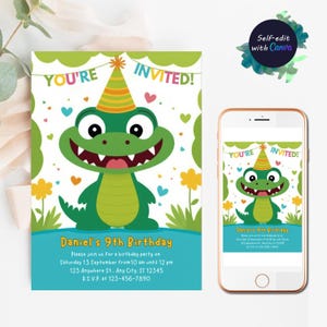 Alligator Birthday Invitation Editable Crocodile Party Invite Canva Editable Instant Download Swamp Reptile Birthday Invitation template
