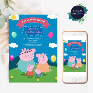 Invitación de cumpleaños de cerdo editable, invitación de niño y niña con temática de cerdo, invitación para fiesta de cumpleaños de niña con temática de cerdo, plantilla digital para invitaciones de fiesta de cumpleaños infantil