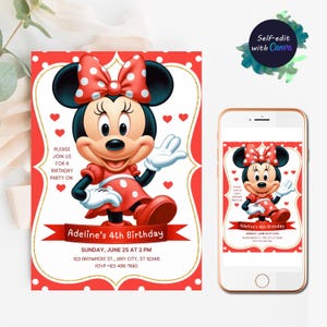 Invito di compleanno di Minnie Mouse modificabile, modello di invito di compleanno di Minnie Mouse rosa, invito per bambini, invito per festa di compleanno di Twodles